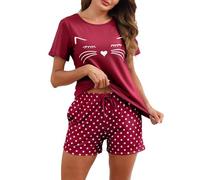 TeJoyce Women's Pyjama Sets 100% Cotton Short Sleeve Top & Shorts Cat Print Pyjamas for Women Soft Lightweight Summer Nightwear PJs with Pockets Burgundy