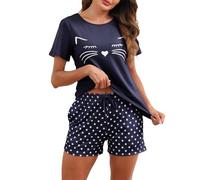TeJoyce Women's Pyjama Sets 100% Cotton Short Sleeve Top & Shorts Cat Print Pyjamas for Women Soft Lightweight Summer Nightwear PJs with Pockets Navy Blue