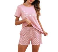TeJoyce Women's Pyjama Sets 100% Cotton Short Sleeve Top & Shorts Cat Print Pyjamas for Women Soft Lightweight Summer Nightwear PJs with Pockets Pink