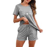 TeJoyce Women's Pyjama Sets 100% Cotton Short Sleeve Top & Shorts Cat Print Pyjamas for Women Soft Lightweight Summer Nightwear PJs with Pockets Grey