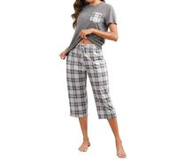 TeJoyce Women's Pyjama Sets Checked Short Sleeve Top & Capri Pants Soft Pyjamas for Women Breathable Nightwear Pjs Set with Pockets Grey