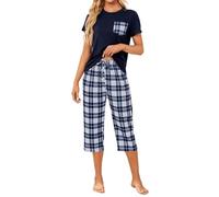 TeJoyce Women's Pyjama Sets Checked Short Sleeve Top & Capri Pants Soft Pyjamas for Women Breathable Nightwear Pjs Set with Pockets Navy Blue