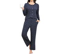 TeJoyce Women's Pyjama Sets Cotton Long Sleeve Ladies Pjs Floral Print Button Front Top 2 piece Cut Soft Loungewear with Pockets Navy Blue