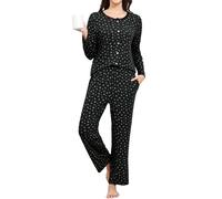 TeJoyce Women's Pyjama Sets Cotton Long Sleeve Ladies Pjs Floral Print Button Front Top 2 piece Cut Soft Loungewear with Pockets Black