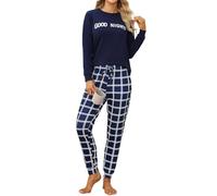 TeJoyce Women's Pyjama Sets Cotton Pjs for Women Sets Long Sleeve with Checked Pants Loungewear Soft Ladies Pj Set, S-XXL Navy Blue