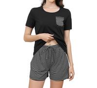 TeJoyce Women's Pyjama Sets Cotton Short Sleeve Soft 2 Piece Shorts Pjs Set Summer Loungewear Sleepwear with Pockets Drawstring Black