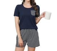 TeJoyce Women's Pyjama Sets Cotton Short Sleeve Soft 2 Piece Shorts Pjs Set Summer Loungewear Sleepwear with Pockets Drawstring Navy Blue
