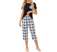 TeJoyce Womens Pyjama Sets Cotton Short Sleeves and Capri Pants Loungewear Summer Sleepwear Set Soft Comfort Plaid Women's Pjs Set Black