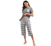 TeJoyce Womens Pyjama Sets Cotton Short Sleeves and Capri Pants Loungewear Summer Sleepwear Set Soft Comfort Plaid Women's Pjs Set Grey