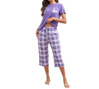 TeJoyce Womens Pyjama Sets Cotton Short Sleeves and Capri Pants Loungewear Summer Sleepwear Set Soft Comfort Plaid Women's Pjs Set Purple