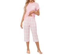 TeJoyce Womens Pyjama Sets Cotton Short Sleeves and Capri Pants Loungewear Summer Sleepwear Set Soft Comfort Plaid Women's Pjs Set Pink