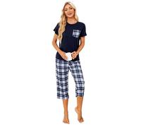 TeJoyce Womens Pyjama Sets Cotton Short Sleeves and Capri Pants Loungewear Summer Sleepwear Set Soft Comfort Plaid Women's Pjs Set Navy Blue