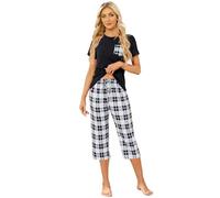 TeJoyce Womens Pyjama Sets Cotton Short Sleeves and Capri Pants Loungewear Summer Sleepwear Set Soft Comfort Plaid Women's Pjs Set Black