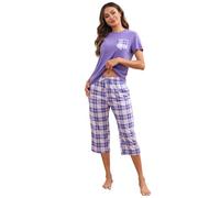 TeJoyce Womens Pyjama Sets Cotton Short Sleeves and Capri Pants Loungewear Summer Sleepwear Set Soft Comfort Plaid Women's Pjs Set Purple