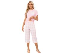 TeJoyce Womens Pyjama Sets Cotton Short Sleeves and Capri Pants Loungewear Summer Sleepwear Set Soft Comfort Plaid Women's Pjs Set Pink