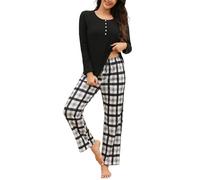 TeJoyce Women's Pyjama Sets Long Sleeve Cotton Pjs for Women Sets Soft Ladies Pj Sets O-nect Top Loungewear with Plaid Pants Black