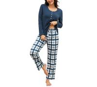 TeJoyce Women's Pyjama Sets Long Sleeve Cotton Pjs for Women Sets Soft Ladies Pj Sets O-nect Top Loungewear with Plaid Pants Navy Blue