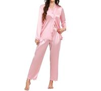 TeJoyce Women's Pyjama Sets Long Sleeve Silk Pjs for Women Sets Soft Satin Button Down Lace Edge Loungewear with Pockets Pink