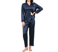 TeJoyce Women's Pyjama Sets Long Sleeve Silk Pjs for Women Sets Soft Satin Button Down Pj Sets Lace Loungewear for All Seasons, S-XXL Navy Blue