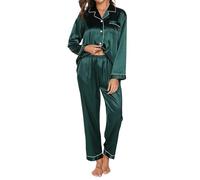 TeJoyce Women's Pyjama Sets Long Sleeve Silk Pjs for Women Sets Soft Satin Button Down Pj Sets Loungewear with Pockets for Christmas Green