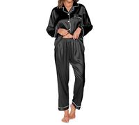 TeJoyce Women's Pyjama Sets Long Sleeve Silk Pjs for Women Sets Soft Satin Button Down Pj Sets Loungewear for All Seasons Black
