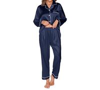 TeJoyce Women's Pyjama Sets Long Sleeve Silk Pjs for Women Sets Soft Satin Button Down Pj Sets Loungewear for All Seasons Navy Blue