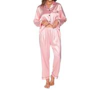 TeJoyce Women's Pyjama Sets Long Sleeve Silk Pjs for Women Sets Soft Satin Button Down Pj Sets Loungewear for All Seasons Pink