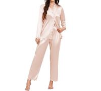 TeJoyce Women's Pyjama Sets Silk Satin Long Sleeve Button Down Ladies Pyjamas two Piece Silk Pjs for Women Sets Soft Lace Edge Loungewear Champagne