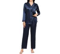 TeJoyce Women's Pyjama Sets Silk Satin Long Sleeve Button Down Ladies Pyjamas two Piece Silk Pjs for Women Sets Soft Lace Edge Loungewear Navy Blue