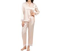 TeJoyce Women's Pyjama Sets Silk Satin Long Sleeve Pjs for Women, Button Down Ladies Pyjamas 2 Piece Lace Sleepwear Loungewear Nightwear for Spring Summer Champagne