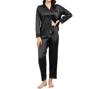 TeJoyce Women's Pyjama Sets Silk Satin Long Sleeve Pjs for Women, Button Down Ladies Pyjamas 2 Piece Lace Sleepwear Loungewear Nightwear for Spring Summer Black