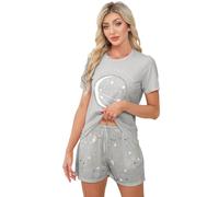 TeJoyce Women's Pyjamas Sets Cotton Short Pjs Set Short Sleeve with Shorts 2 Piece Loungewear Soft Cute Print Sleepwear Ladies Summer Pjs Set Grey