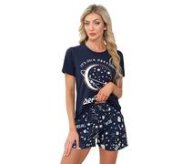 TeJoyce Women's Pyjamas Sets Cotton Short Pjs Set Short Sleeve with Shorts 2 Piece Loungewear Soft Cute Print Sleepwear Ladies Summer Pjs Set Navy Blue