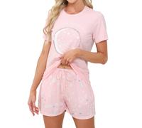 TeJoyce Women's Pyjamas Sets Cotton Short Pjs Set Short Sleeve with Shorts 2 Piece Loungewear Soft Cute Print Sleepwear Ladies Summer Pjs Set Pink