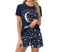 TeJoyce Women's Pyjamas Sets Cotton Short Pjs Set Short Sleeve with Shorts 2 Piece Loungewear Soft Cute Print Sleepwear Ladies Summer Pjs Set Navy Blue