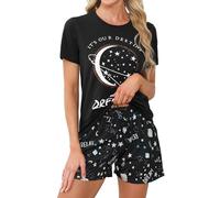 TeJoyce Women's Pyjamas Sets Cotton Short Pjs Set Short Sleeve with Shorts 2 Piece Loungewear Soft Cute Print Sleepwear Ladies Summer Pjs Set Black