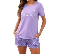 TeJoyce Womens Pyjamas Sets Cotton Short Pjs Set Soft Loungewear 2 Pieces Cat Print Sleepwear Set for Ladies Summer Nightwear Purple