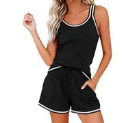 TeJoyce Women's Pyjamas Shorts Set Summer Sleeveless Tank Top and Shorts Soft Cotton Pj Sets Camisole Loungwear Sleepwear with Drawstring Black