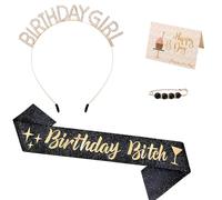 TEJSP Birthday Sash,Birthday Decorations for Women Birthday Sash & Gold Rhinestone Crown Headband & Pearl Pin & Birthday Card for 18th 21st 30th or Any Other Birthday Party