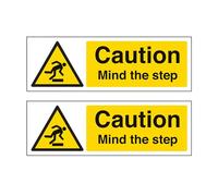 Tek Automotive Mind The Step Sign Sticker - Twin Pack | Durable Waterproof Vinyl Mind The Step Sticker | Self Adhesive Indoor & Outdoor | 15x6.5cm | Safety Sign for Shops, Factories & Public Areas