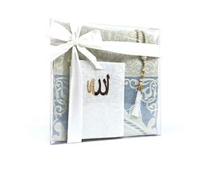 Tekbir Muslim Prayer Rug Prayer Beads with Surah Book - Soft Elegant Design Islamic Gift Box Janamaz - Portable Prayer Mat Carpet for Muslims - Sajadah Prayer Carpet Mat (Light Blue)