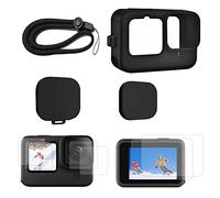 TEKCAM Silicone Sleeve Case Compatible with GoPro Hero 12 11 10 9, Tempered Glass Screen Protector 2 Pcs+Lens Protector Film 2 Pcs+Front Screen Film 2 Pcs + 2PCS Lens Caps, Rubber Case Lanyard, Black