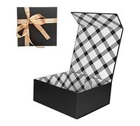 Tekhoho Black Gift Box 21.5x21.5x9cm, Premium Present Box with Magnetic Lid and Ribbon for Holidays Wedding Birthday Gift Packaging, Plaid Lining
