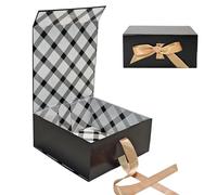 Tekhoho Black Gift Box 22x22x10cm, Premium Present Box with Magnetic Lid and Ribbon for Holidays Wedding Birthday Gift Packaging, Plaid Lining