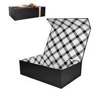 Tekhoho Black Large Gift Box 33x23.7x10 cm, Premium Present Box with Magnetic Lid and Ribbon for Holidays Wedding Birthday Gift Packaging, Plaid Lining