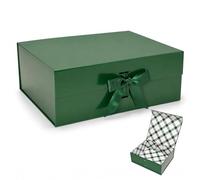 Tekhoho Green Large Gift Box 33.5x27x12.5cm, Premium Present Box with Magnetic Lid and Ribbon for Holidays Wedding Birthday Gift Packaging, Plaid Lining