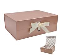 Tekhoho Rose Gold Large Gift Box 33.5x27x12.5 cm, Premium Present Box with Magnetic Lid and Ribbon for Holidays Wedding Birthday Gift Packaging, Plaid Lining