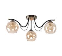 TEKLED Amber Glass Dome Black and Antique Brass Metal Semi Flush Ceiling Light | E27 Fitting | Elegance Design Decorative Lighting | For Living Rooms Dining Halls Hallways | 3 Lamp (Bulb not Included)