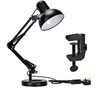TEKLED Architect Swing Arm Desk Lamp with Base & C-Clamp, Adjustable E27 Table Light for Home Office, Black (Bulb Not Included)