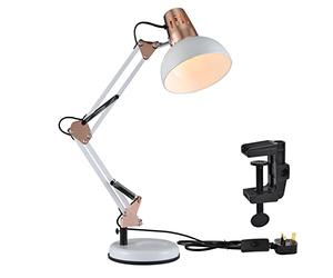 TEKLED Architect Swing Arm Desk Lamp with Base & C-Clamp, Adjustable E27 Table Light for Home Office, Copper White (Bulb Not Included)